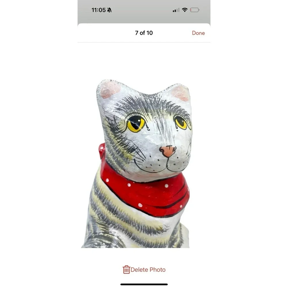 Vintage Large Paper Mache Striped Cat with red handkerchief Statue